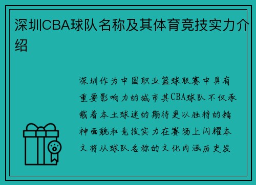 深圳CBA球队名称及其体育竞技实力介绍