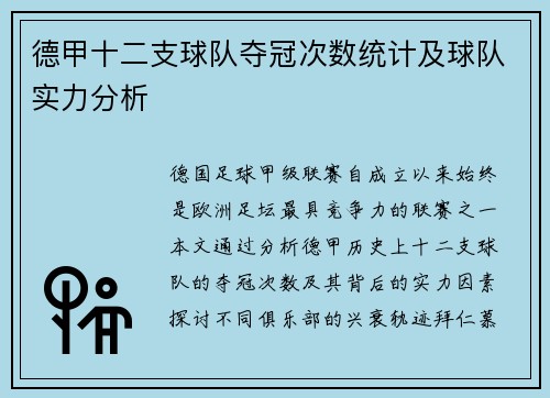德甲十二支球队夺冠次数统计及球队实力分析